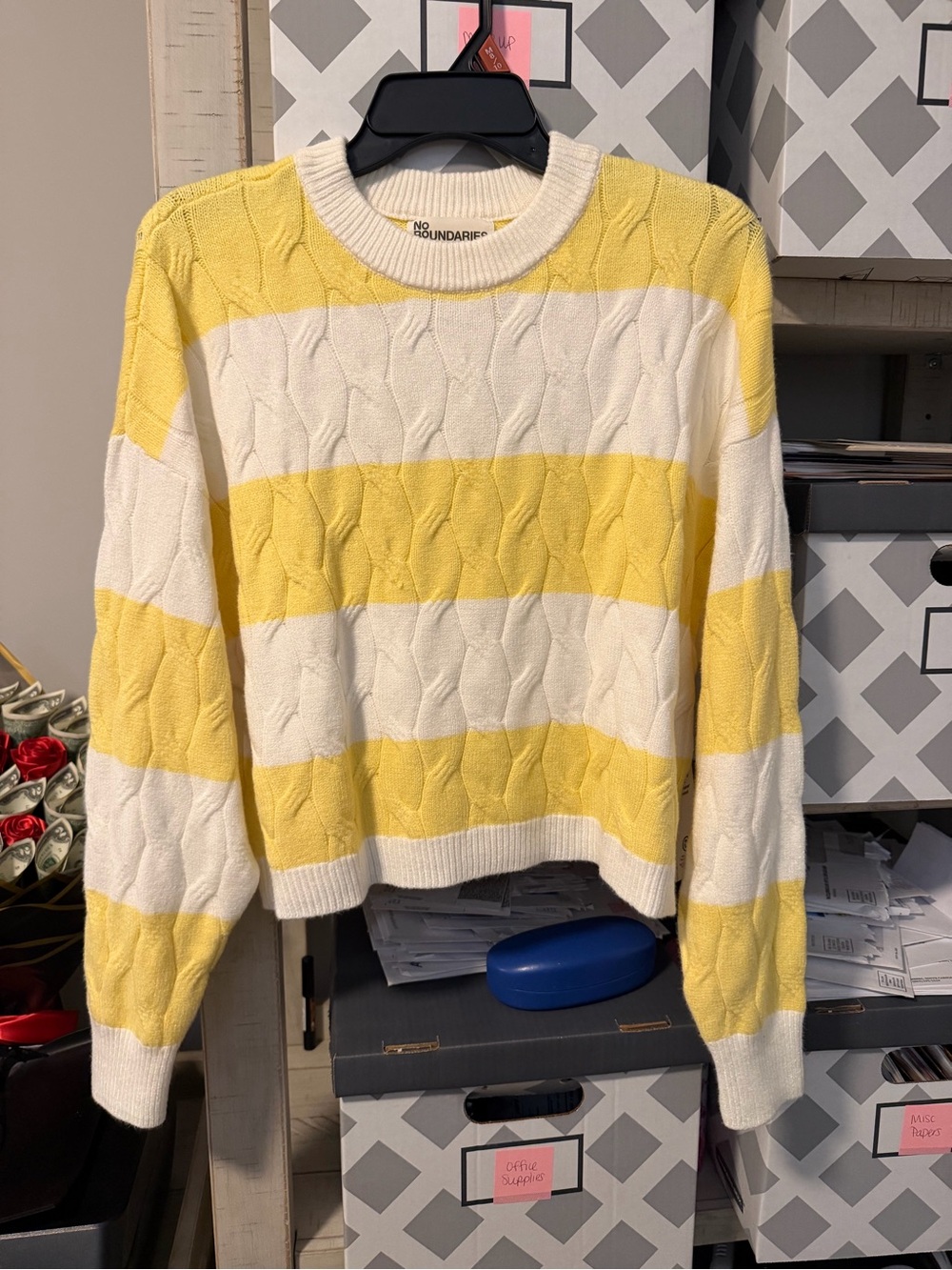 No Boundaries Yellow & White Striped Crewneck Sweater